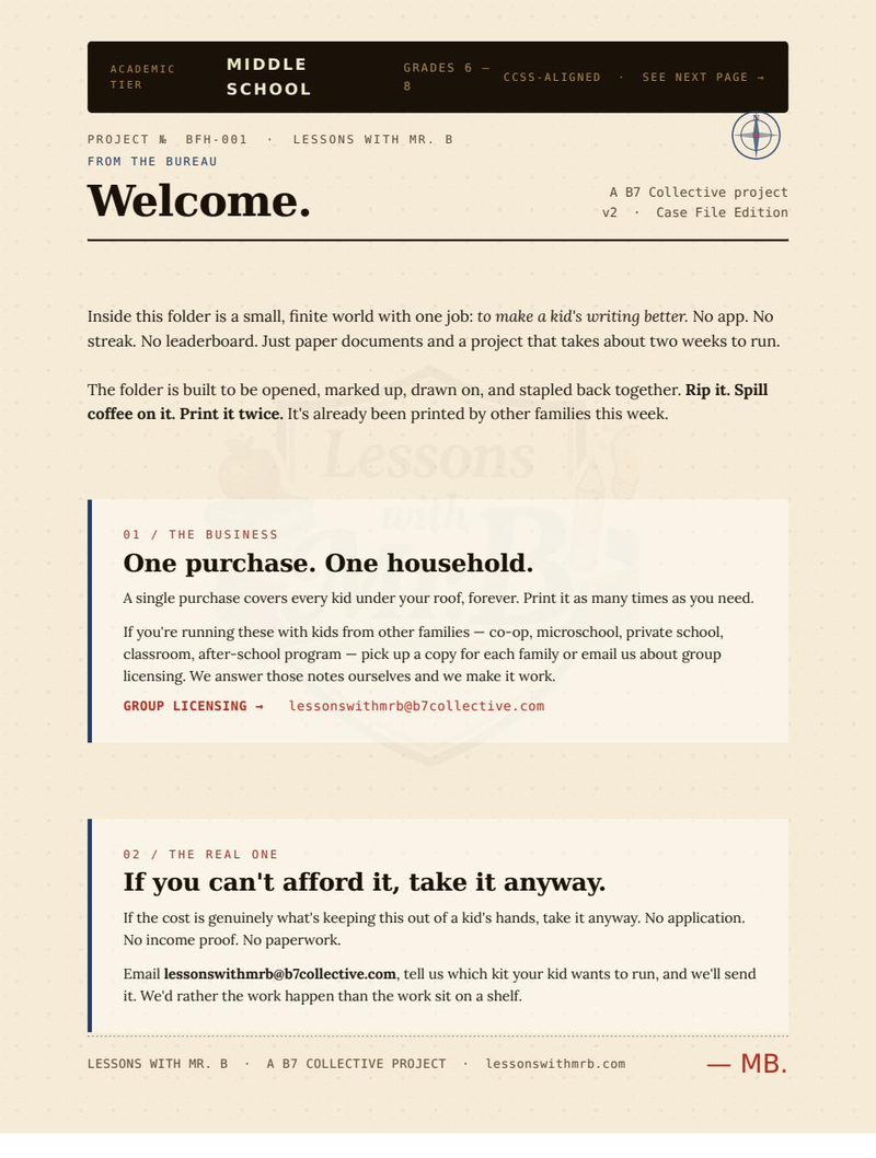 Sheet 02: Welcome page with the B7 access policy. One purchase, one household. If cost is in the way, take it anyway.