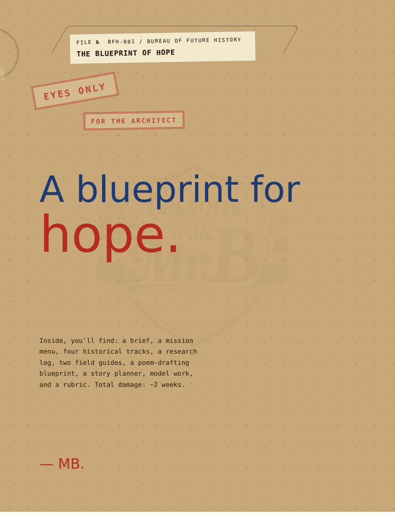 Sheet 04: A blueprint for hope. The kit inventory, listed by Mr. B.