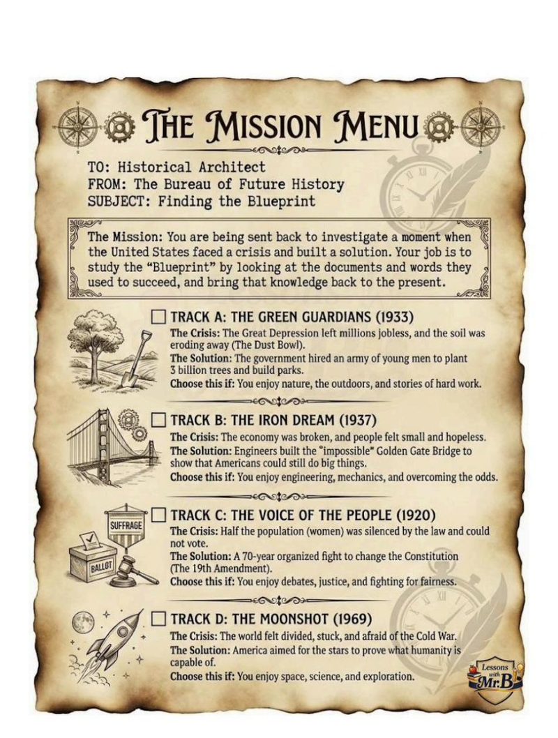 Sheet 07: The Mission Menu, on parchment. All four tracks with crisis, solution, and 'choose this if' lines.
