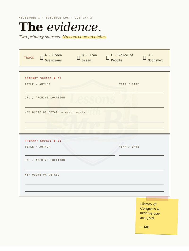 Sheet 09: The evidence log. Two primary-source slots with title, author, year, archive location, and key quote.