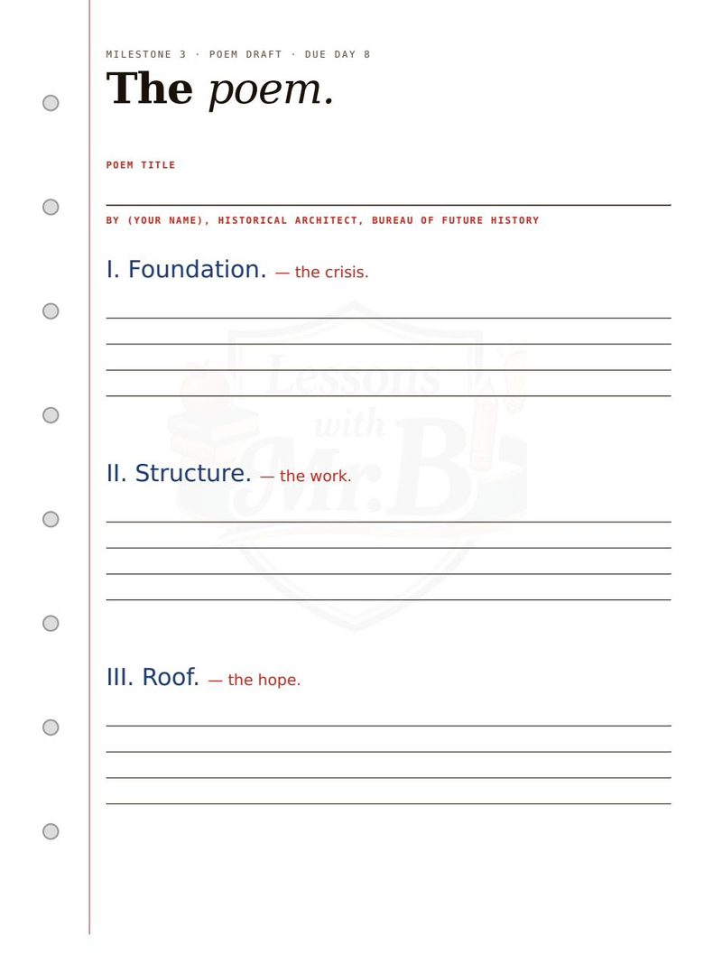 Sheet 10: The poem drafting board. Three stanzas, structured as Foundation, Structure, Roof. Built from the era's words.