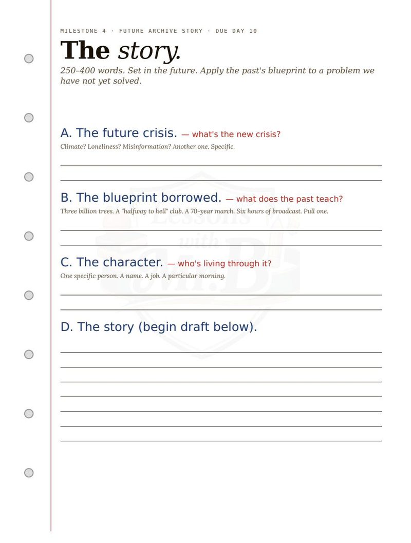 Sheet 11: The future archive story drafting board. Future crisis, blueprint borrowed, character, then the draft.