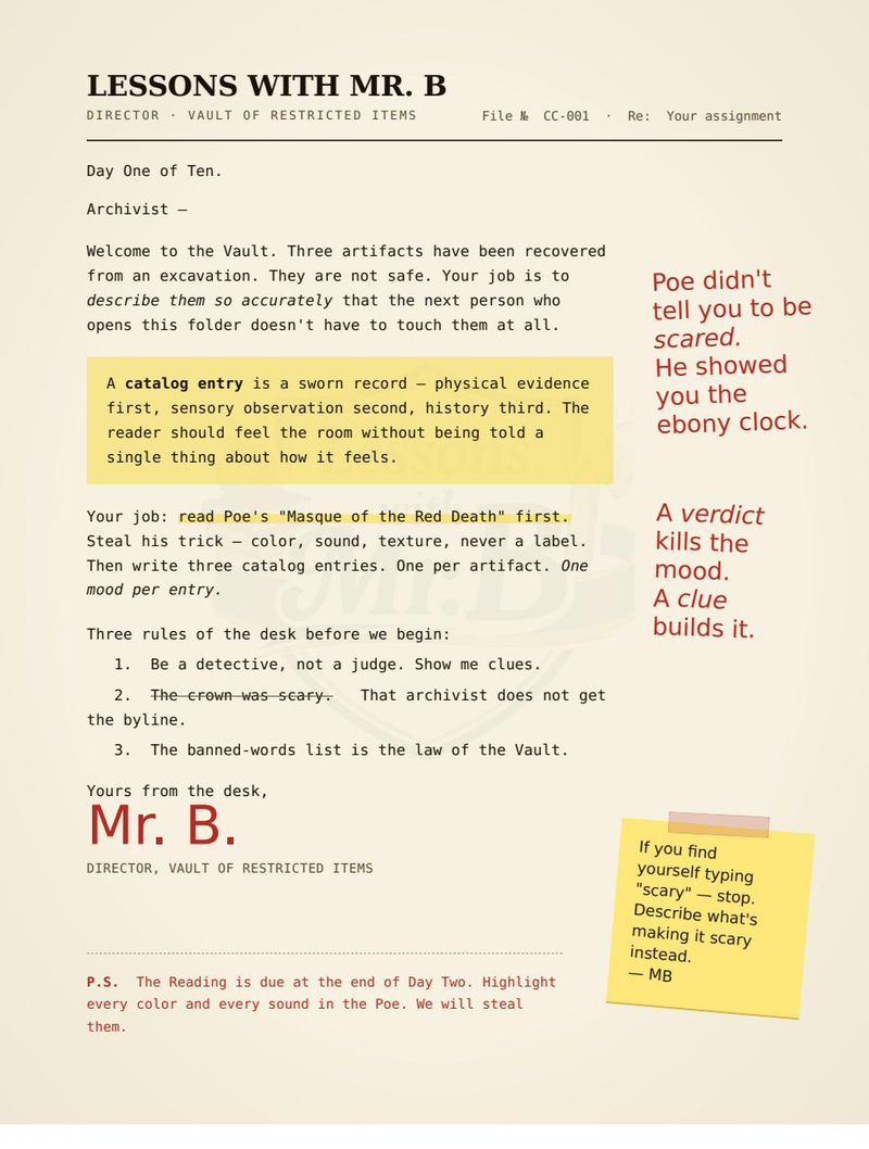 Letter from Mr. B, Day One of Ten